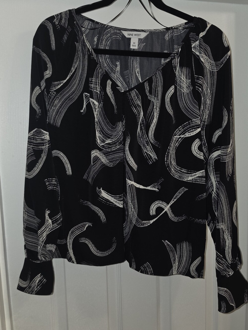 Nine West Black Blouse with White Brushstroke Print